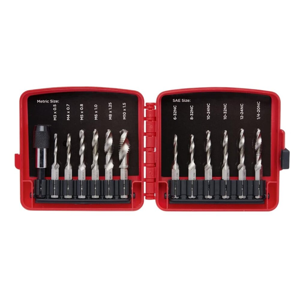 Combination Drill and Tap Bit Set with Quick Change Adapter, 13 Piece, SAE 6-32N